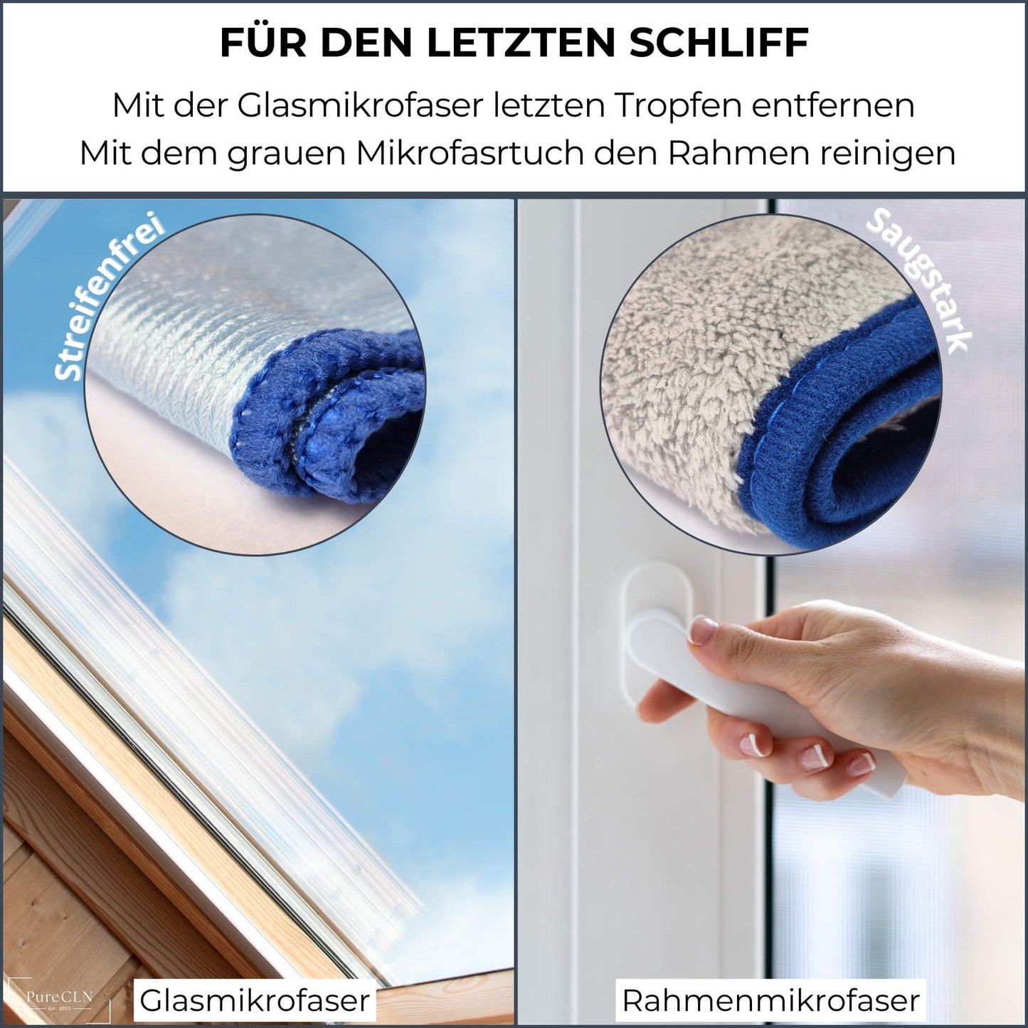 Mikrofasertuch des PureCLN Fensterreinigers in Aktion