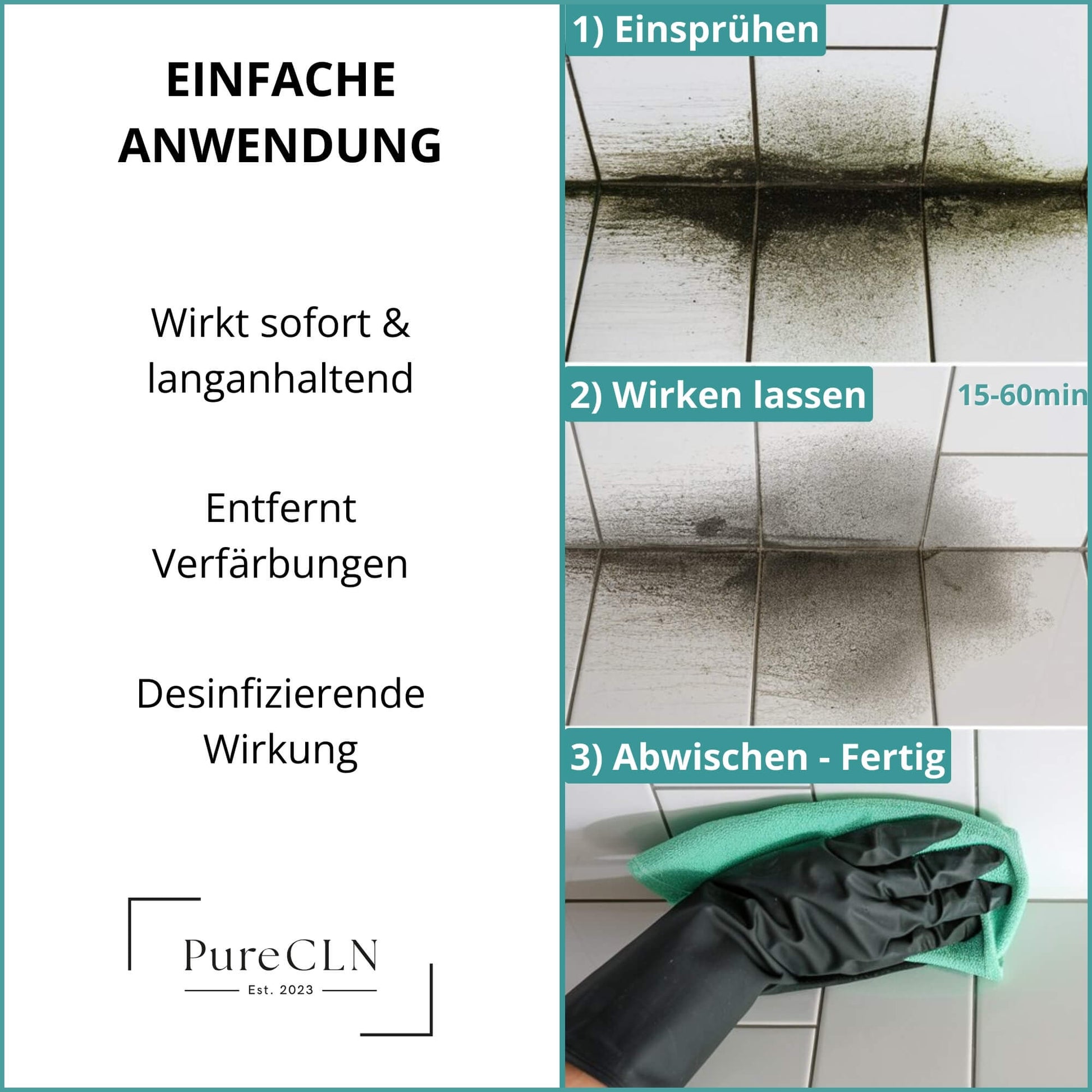 Anwendung des PureCLN Schimmelentferners auf Badezimmerfliesen