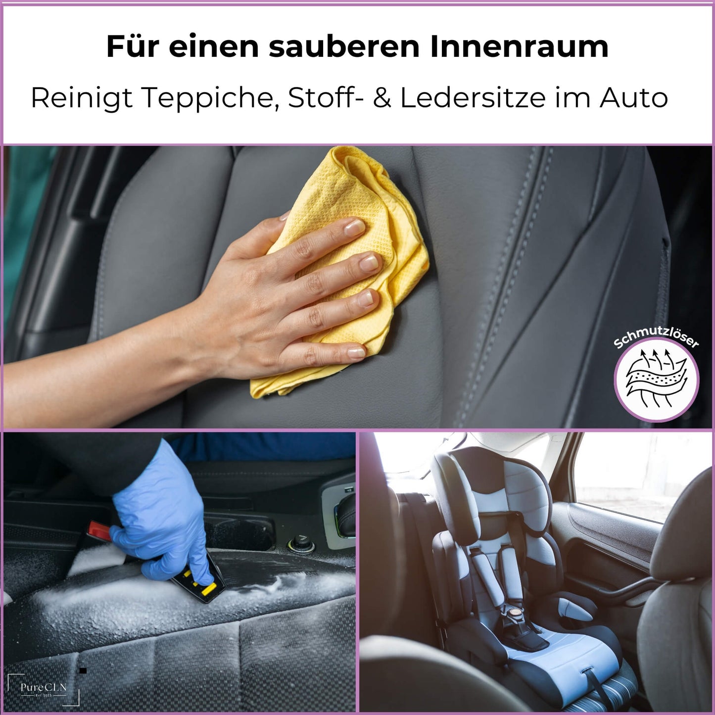 PureCLN Polsterreiniger in Anwendung auf Autositz